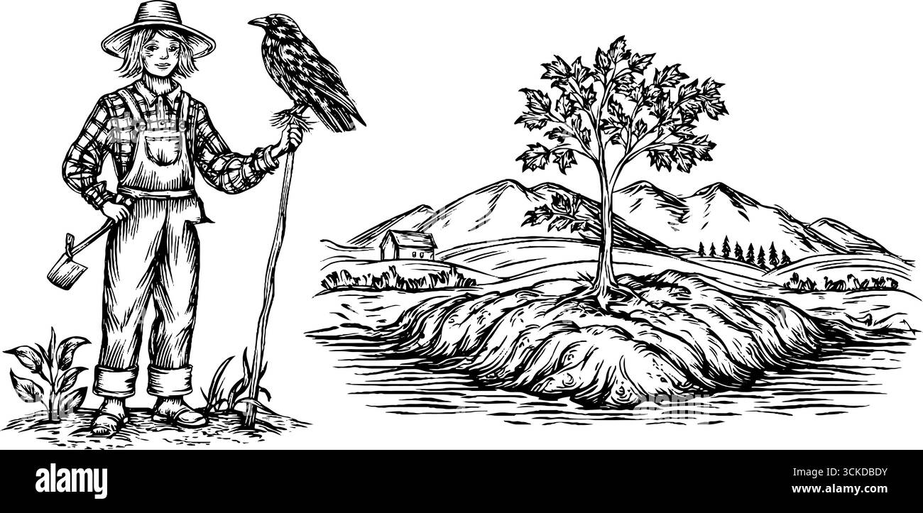Incisione vintage disegnata a mano dello spaventapasseri e della campagna per un arredamento rustico. Illustrazione Vettoriale