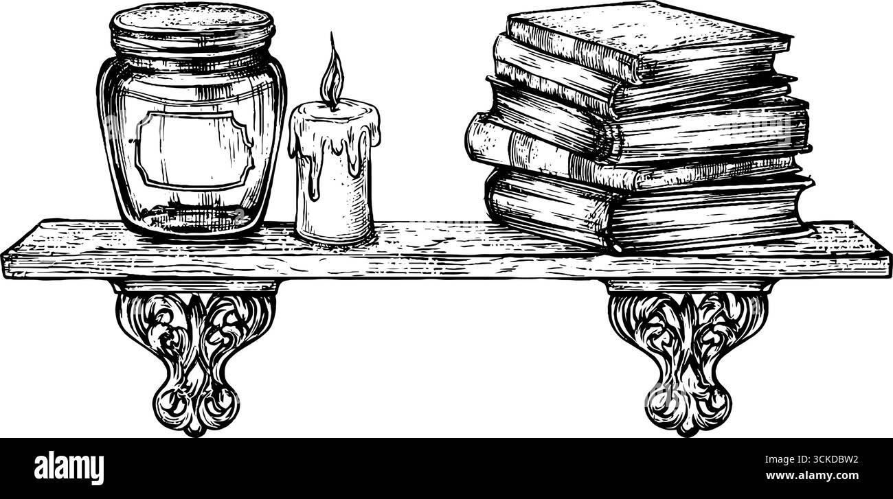 Illustrazione incisa di una mensola vintage con libri, candele e vaso per un design retrò. Illustrazione Vettoriale