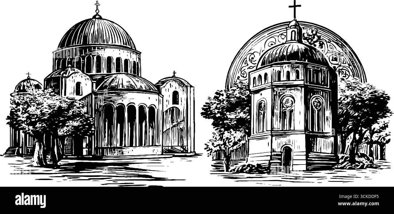 Chiesa bizantina a mosaico e incisione cattedrale per design e decorazioni vintage. Illustrazione Vettoriale