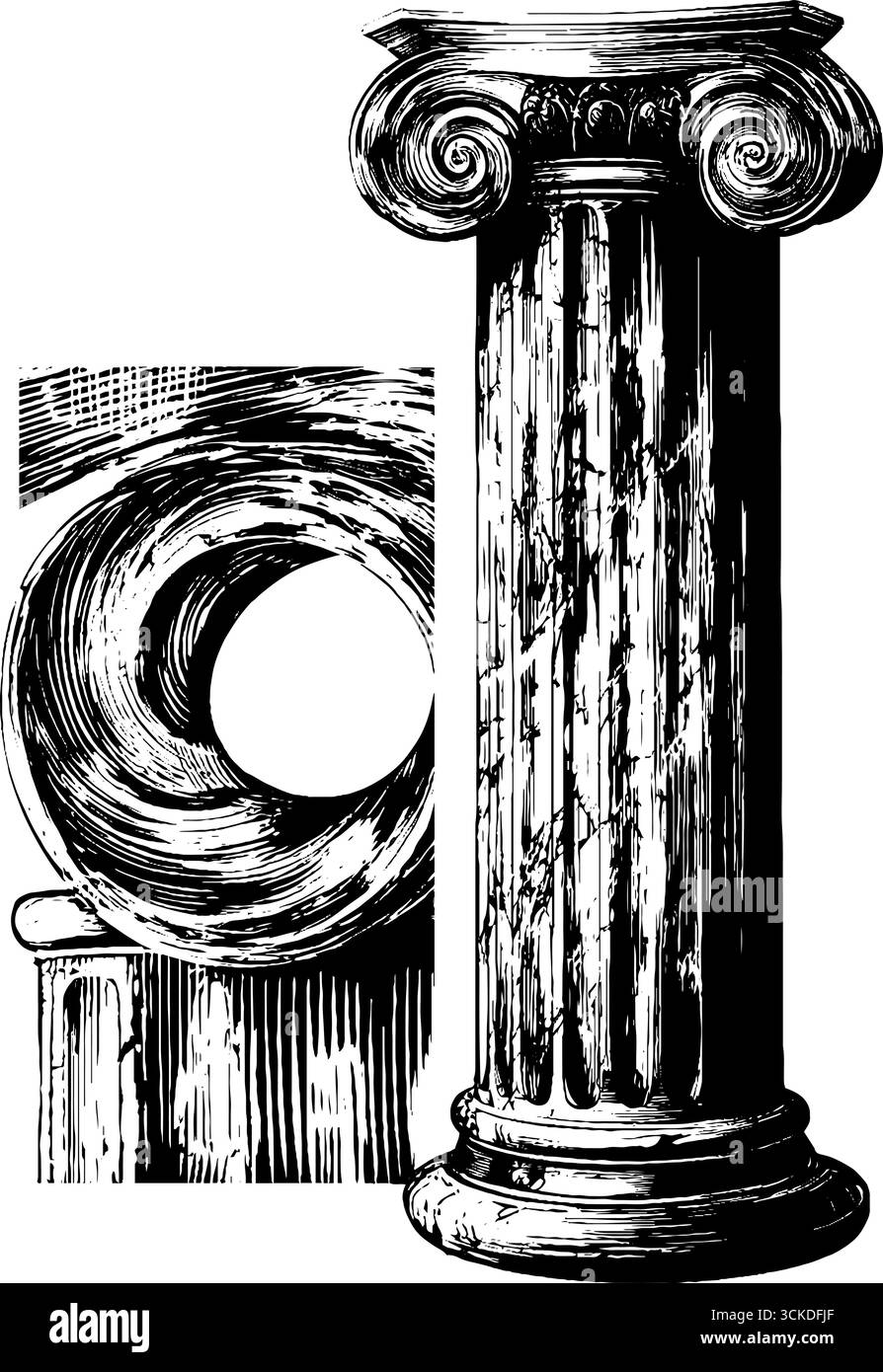 Illustrazione d'epoca incisa del design di colonne greche per studi di architettura storica. Illustrazione Vettoriale