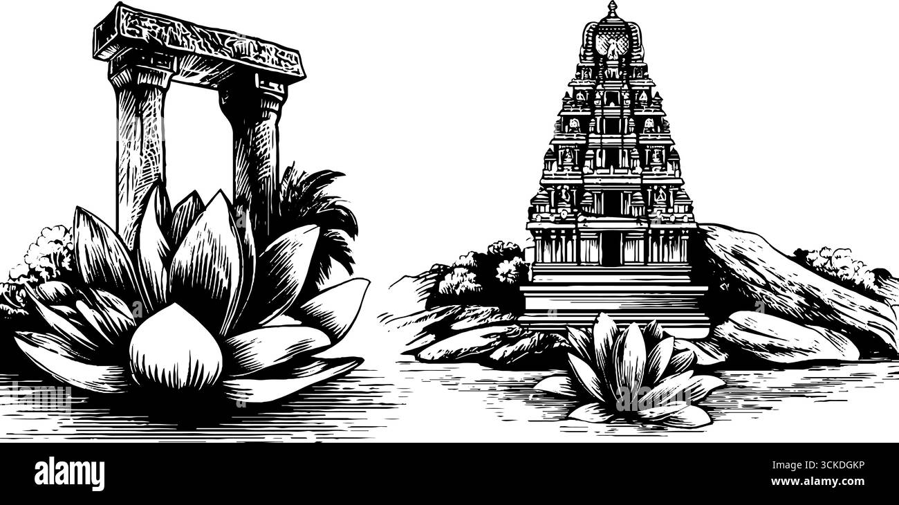 Set di illustrazioni incise del tempio dravidiano e della scena di loto - design architettonico. Illustrazione Vettoriale