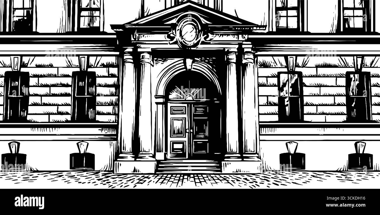 Porta d'ingresso in stile georgiano vintage con dettagli architettonici decorati, incisioni disegnate a mano per il design. Illustrazione Vettoriale