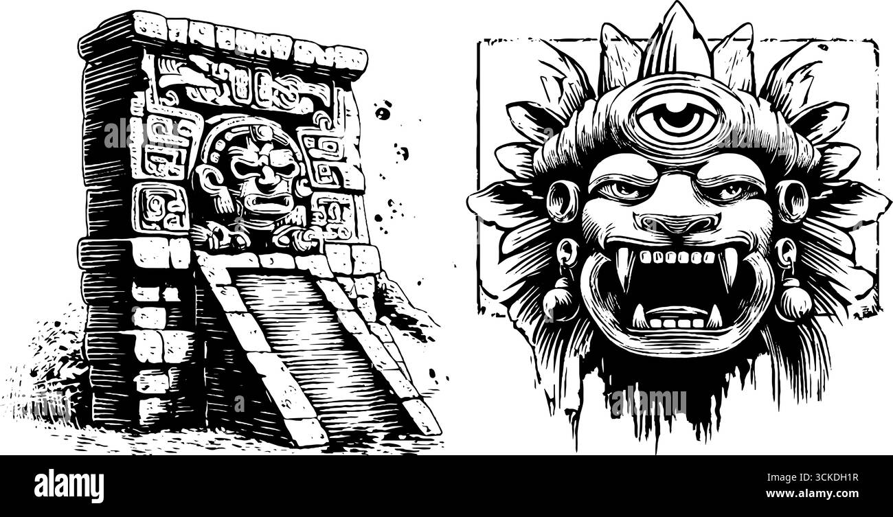 Antico pannello di glifi maya con intricati motivi incisi. Illustrazione Vettoriale