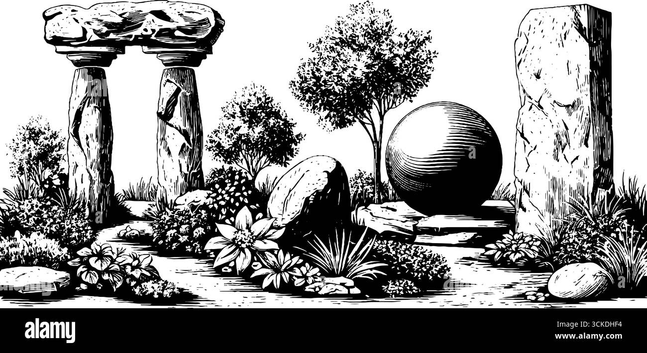 Illustrazione incisa di arco minimalista ed elementi scultorei in natura. Illustrazione Vettoriale