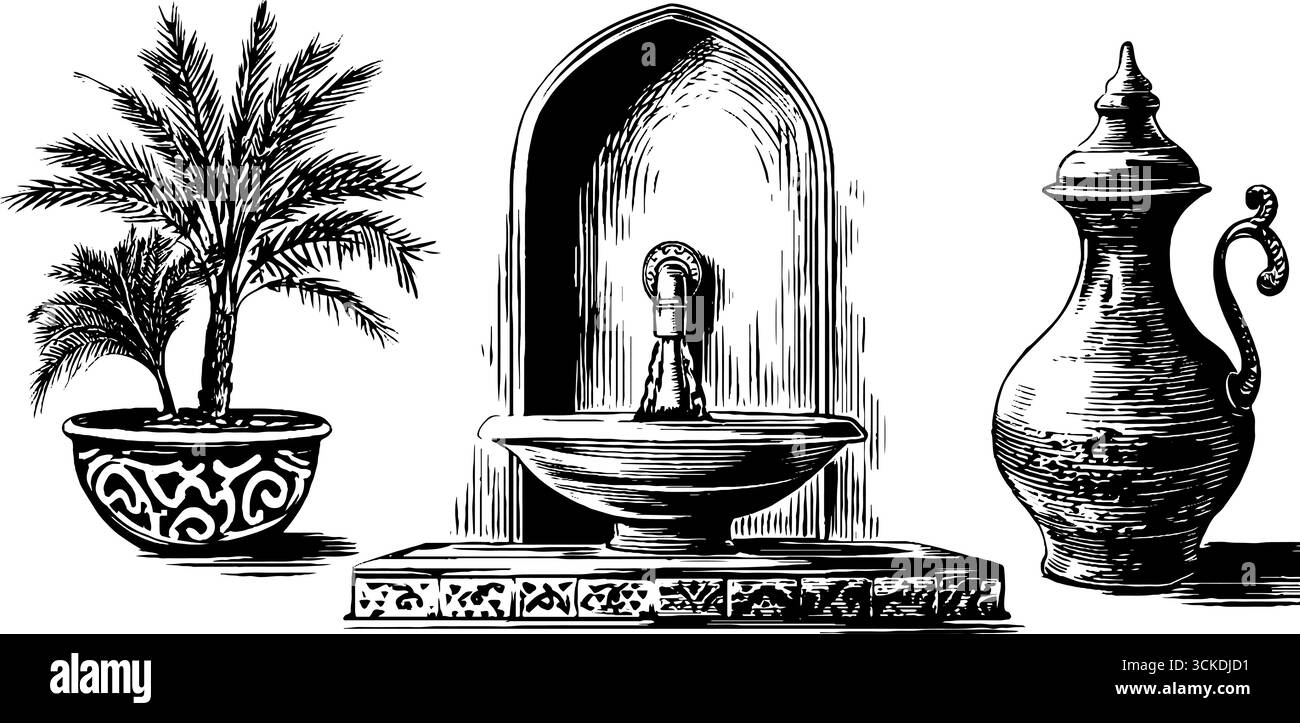 Set di illustrazioni incise di elementi hammam con dettagli piastrelle a mosaico. Illustrazione Vettoriale