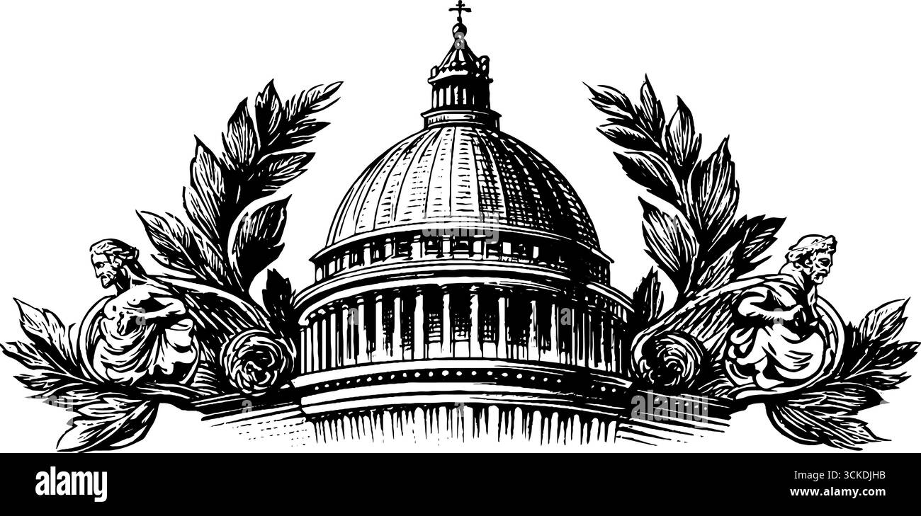 Cupola imperiale romana incisa con dettagli scultorei e foglie d'alloro per un design retrò. Illustrazione Vettoriale