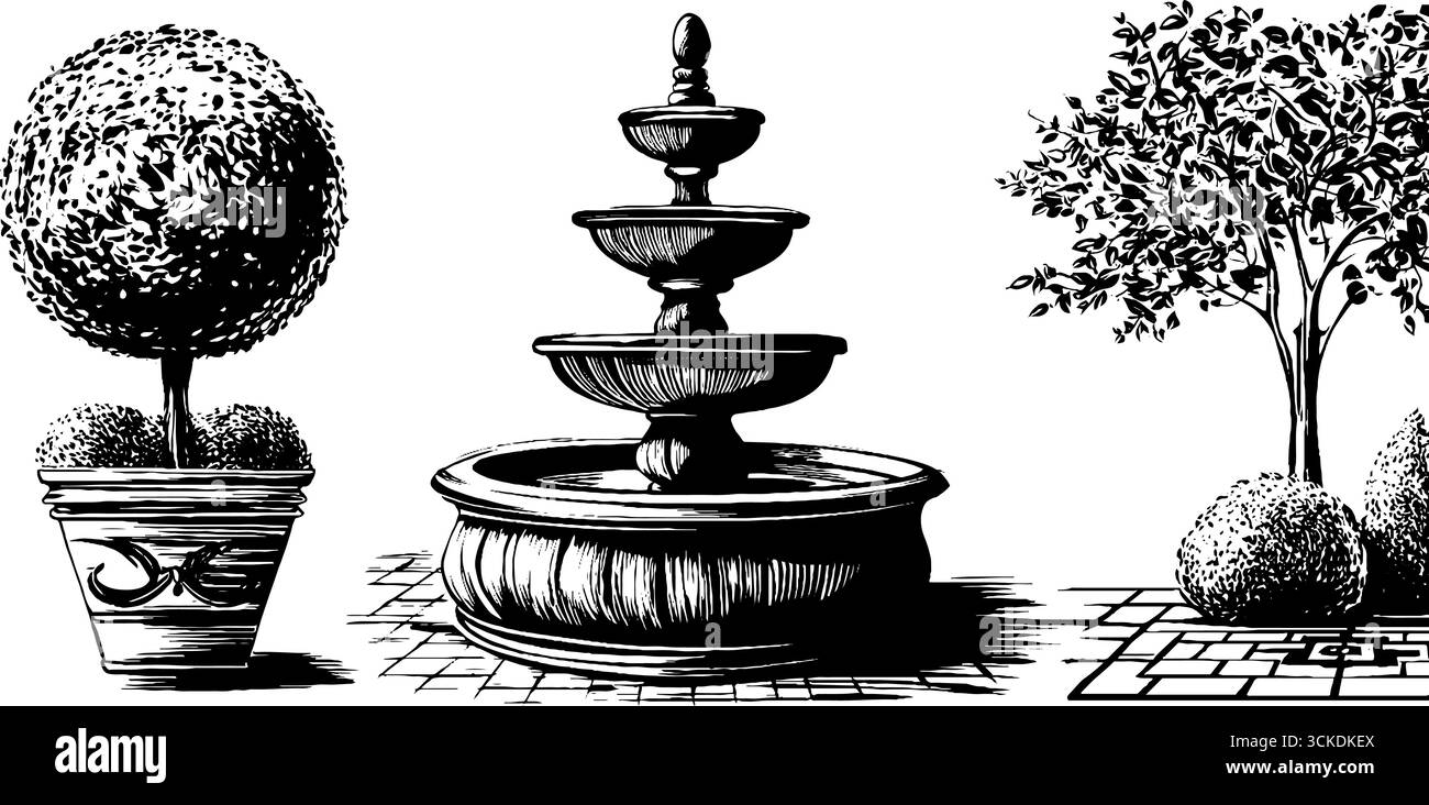 Set di incisioni ornamentali per topiari e fontane - giardino d'epoca per arredamento e ispirazione. Illustrazione Vettoriale