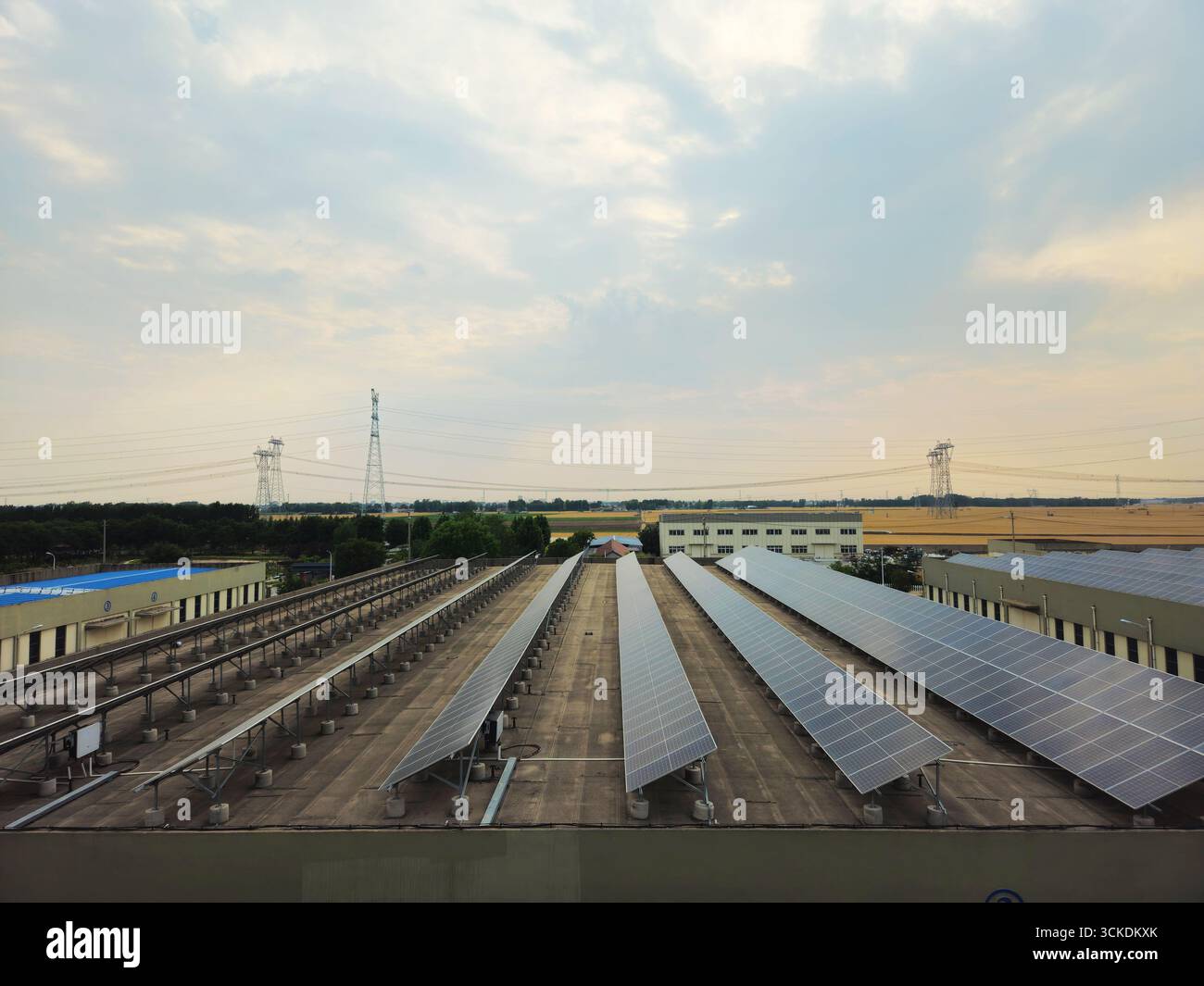Array fotovoltaici sul tetto negli edifici industriali, Overcast Day Foto Stock