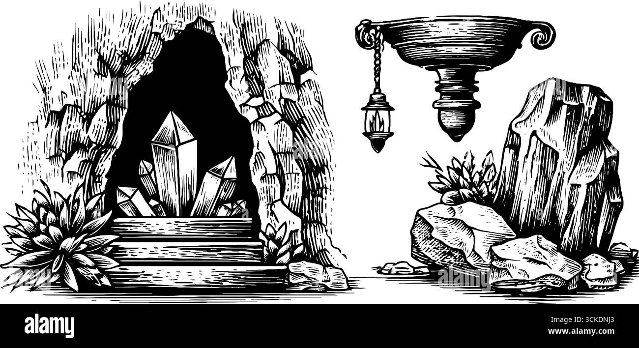 Misterioso ingresso sacro alla grotta ed elementi di cristallo per un design retrò. Illustrazione Vettoriale