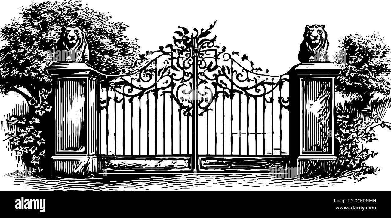 Porta ornata in ferro battuto con statue di leoni in stile vintage inciso per progetti di design. Illustrazione Vettoriale