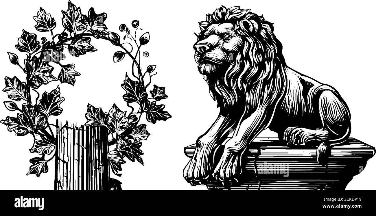 Statua di leone in pietra d'epoca e set di incisioni floreali per un design retrò. Illustrazione Vettoriale