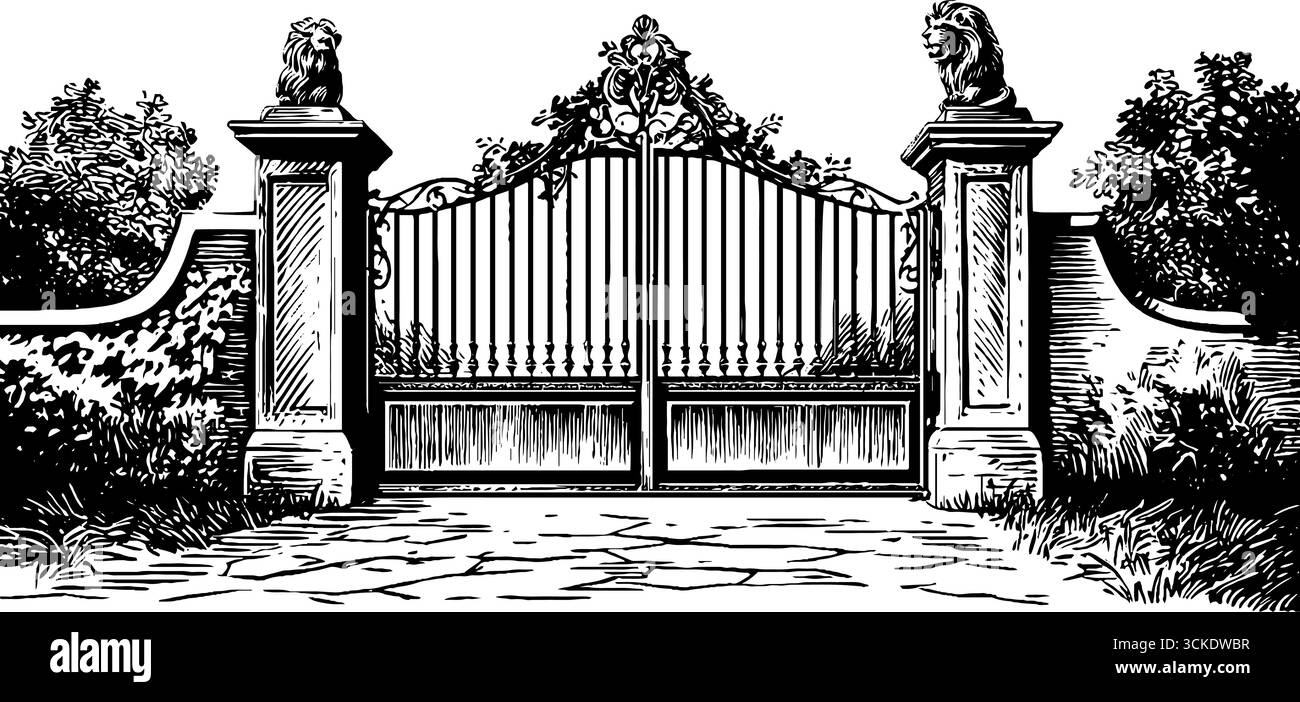 Design vintage in ferro battuto con dettagli ornati e statue di leoni. Illustrazione Vettoriale