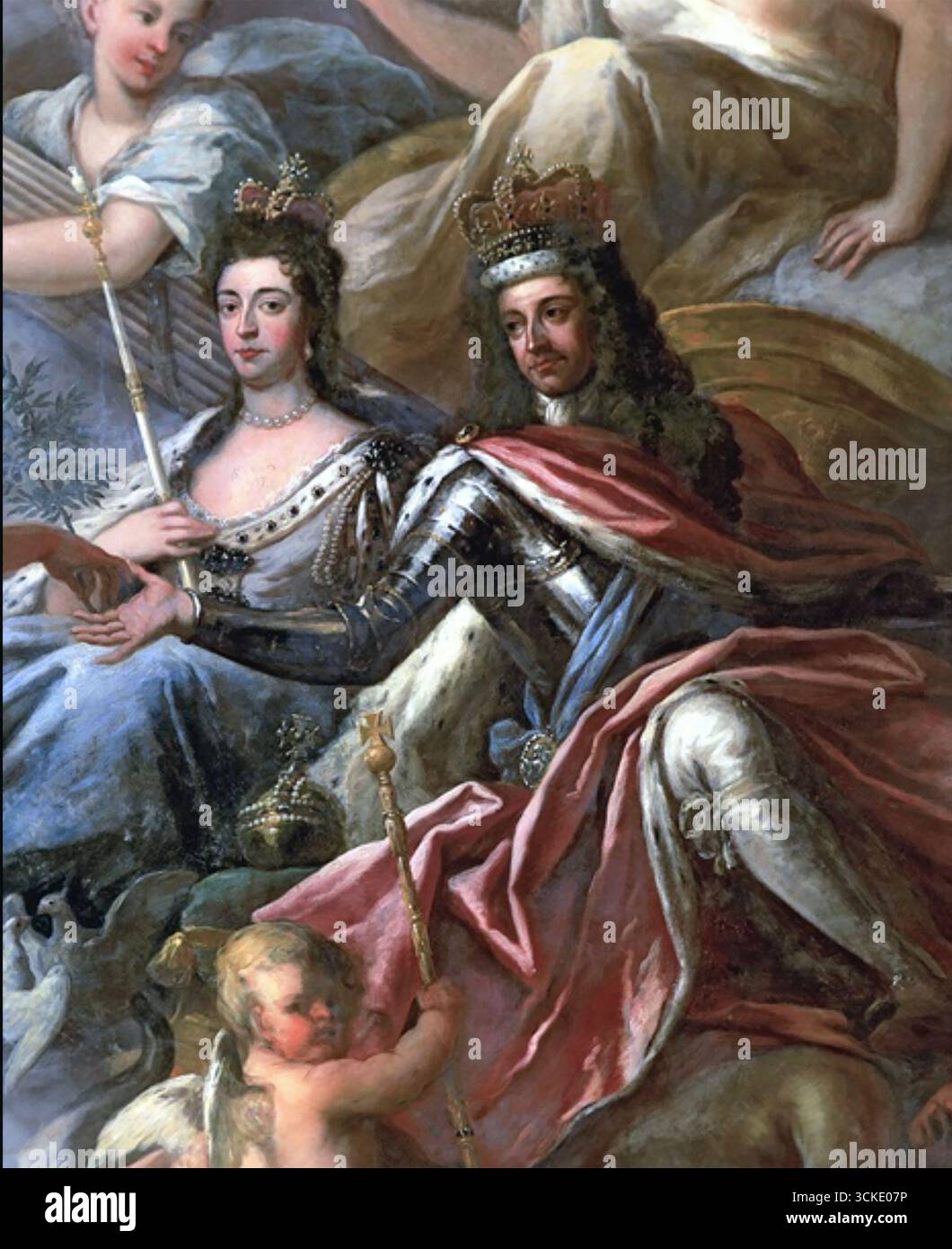 GUGLIELMO III e MARIA II di James Thornhill dipinti da James Thornhill sul soffitto della Painted Hall, Greenwich Hospital nel 1708-1712. Un dettaglio del lavoro molto più grande intitolato Trionfo della Pace e della libertà sulla tirannia Foto Stock