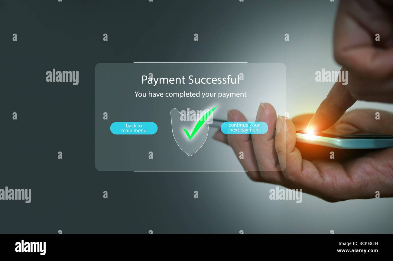 Schermo del cellulare che mostra il messaggio pagamento riuscito con un tocco luminoso. Simbolo di finanza digitale sicura, transazioni online, innovazione fintech e mod Foto Stock