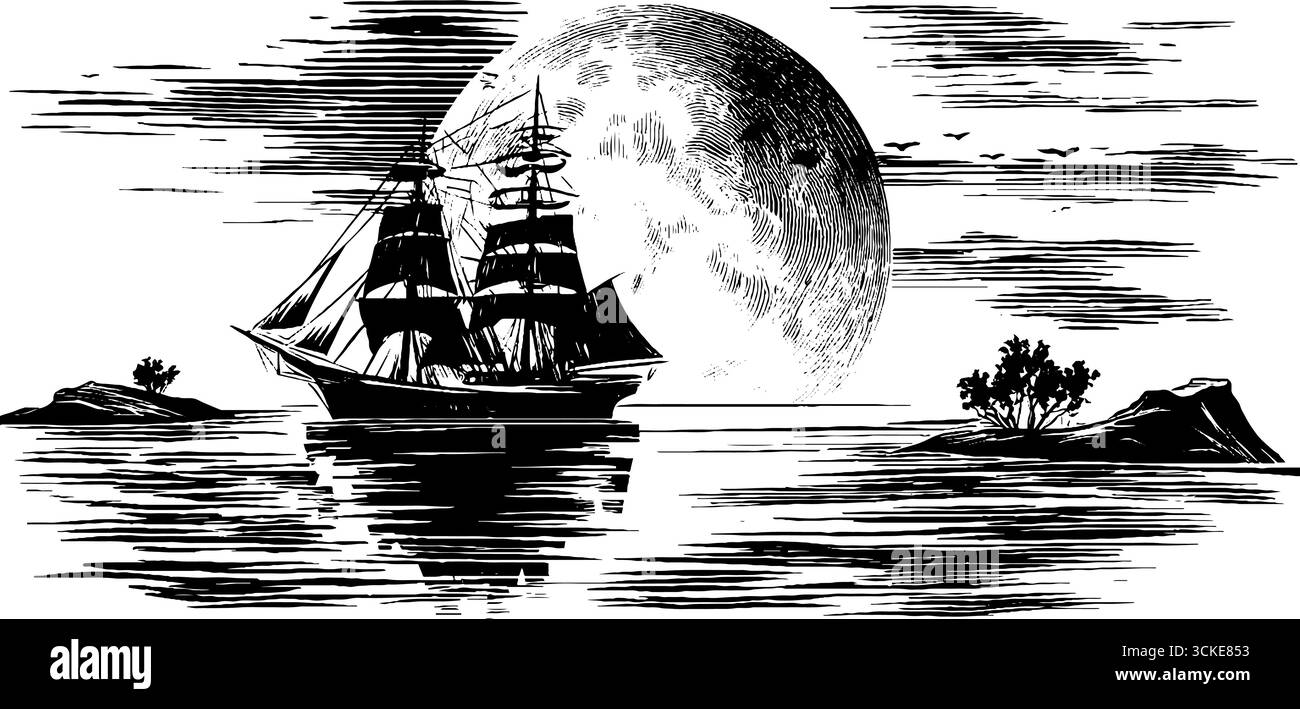 Veliero d'epoca e incisione a luna piena in acque tranquille per un design nautico. Illustrazione Vettoriale