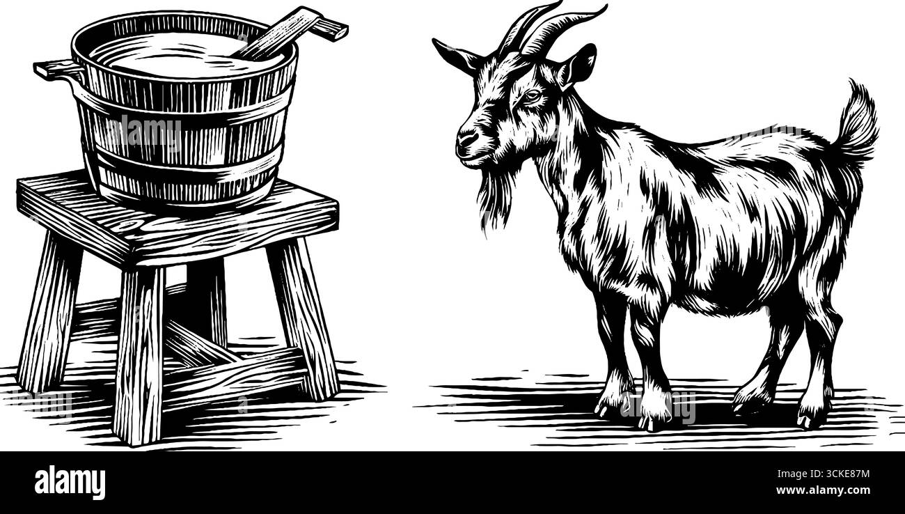 Rustica vita contadina incisione di capra e secchio di legno per un design retrò. Illustrazione Vettoriale