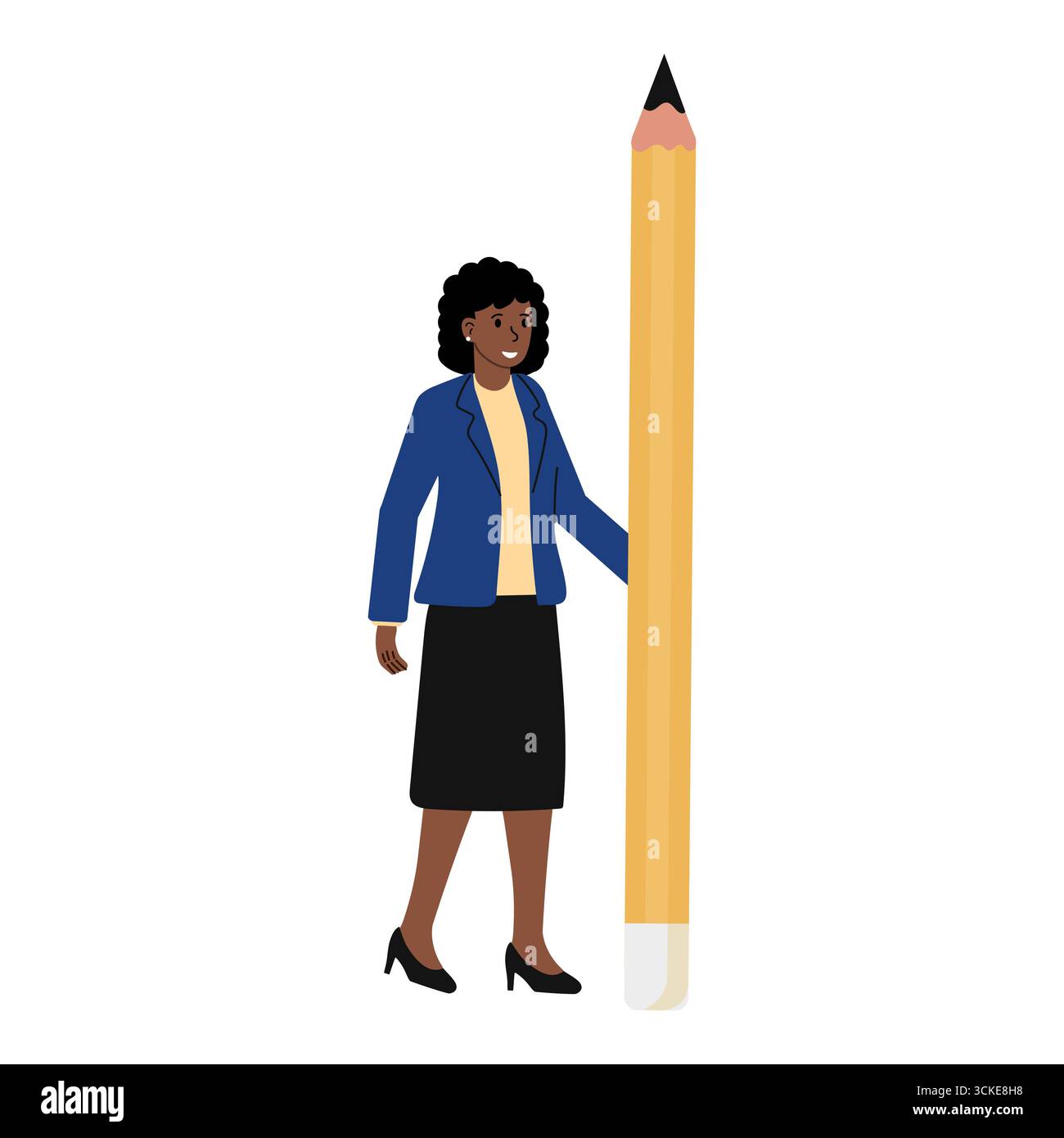 Una donna d'affari con i capelli ricci sorride mentre si trova accanto a una matita oversize in un vivace ambiente d'ufficio. Illustrazione Vettoriale