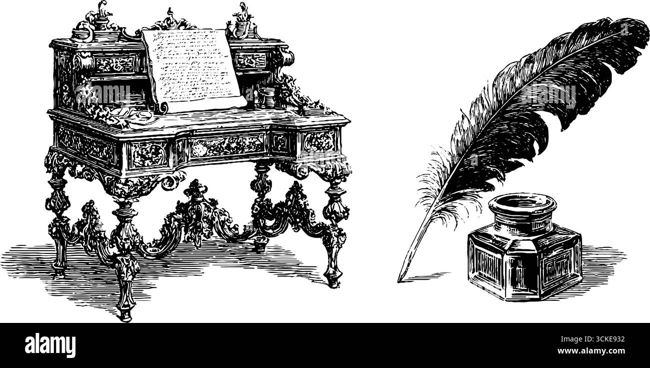 Scrittoio ornato e set di incisioni in quill - design vintage per stampa o cartolina. Illustrazione Vettoriale