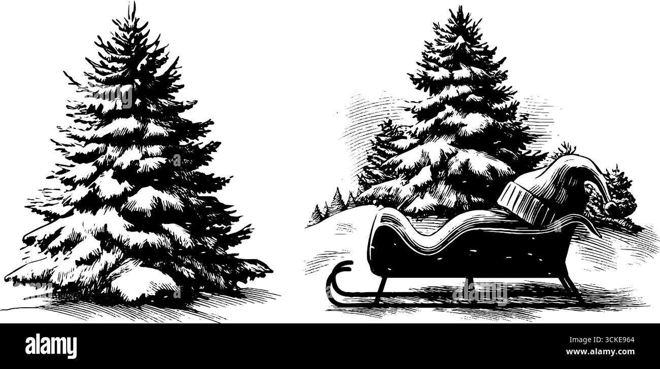 Silhouette invernale del paese delle meraviglie: Abeti innevati e slitta in stile illustrazione inciso. Illustrazione Vettoriale