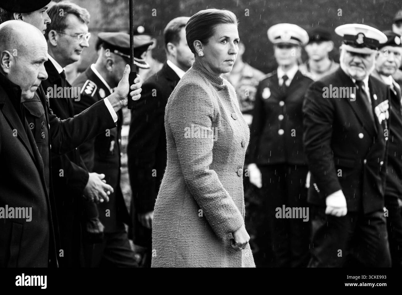 Copenaghen, Danimarca. 5 settembre 2025. Il primo ministro danese mette Frederiksen partecipa alla giornata della bandiera per la Danimarca schierata con una cerimonia commemorativa presso il Monumento per gli sforzi internazionali della Danimarca dal 1948 a Kastellet a Copenaghen, Danimarca, il 5 settembre 2025. (Foto di Kristian Tuxen Ladegaard Berg/NurPhoto) credito: NurPhoto SRL/Alamy Live News Foto Stock