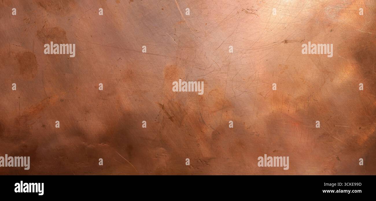 Piatto di rame vintage. Sfondo a trama astratta, parete metallica in rame ruvido. Foto Stock