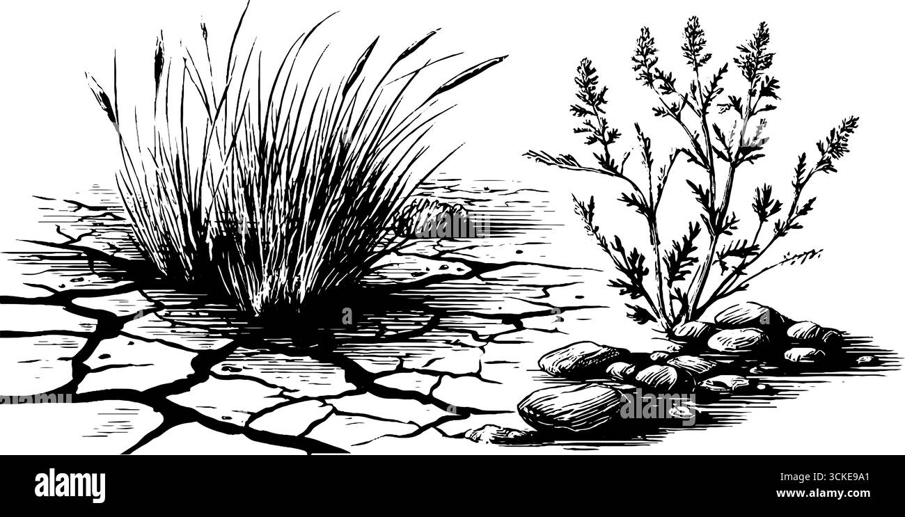 Illustrazione incisa di terreno secco incrinato con erba e piante per temi di conservazione della natura. Illustrazione Vettoriale