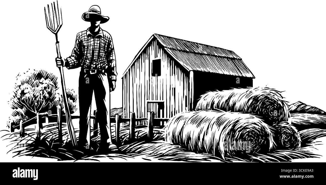 Ambiente agricolo rustico con contadini che impilano fieno per la progettazione agricola. Illustrazione Vettoriale