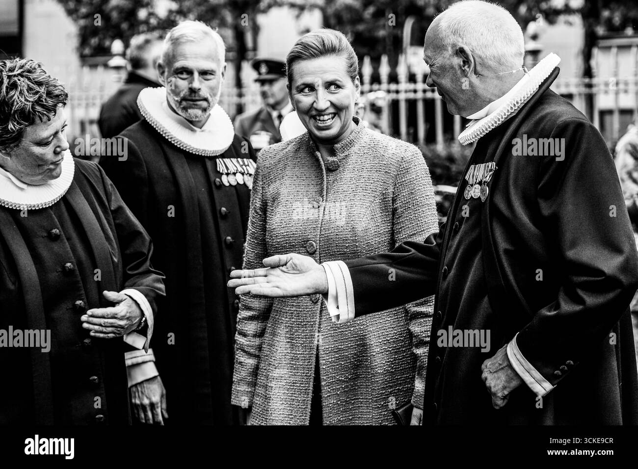 Copenaghen, Danimarca. 5 settembre 2025. Il primo ministro danese mette Frederiksen arriva al servizio commemorativo in occasione della giornata della bandiera per la Danimarca schierata nella chiesa Holmens di Copenaghen, Danimarca, il 5 settembre 2025. (Foto di Kristian Tuxen Ladegaard Berg/NurPhoto) credito: NurPhoto SRL/Alamy Live News Foto Stock