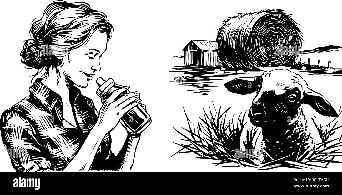 Set di illustrazioni incise sull'allattamento al biberon della donna e sulla scena agricola rurale. Illustrazione Vettoriale