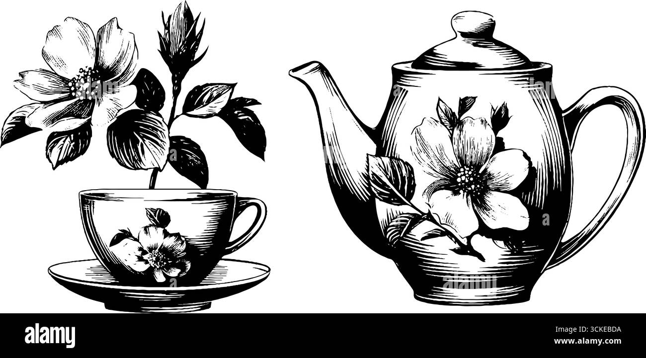 Teiera vintage in porcellana incisa e set illustrativo in tazza floreale per un design retrò. Illustrazione Vettoriale