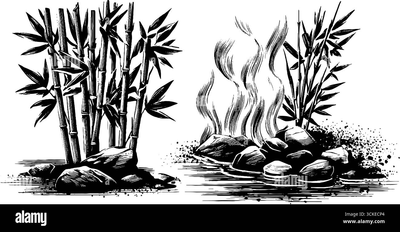 Illustrazione incisa di bambù e pietre lievitanti per elementi di design. Illustrazione Vettoriale