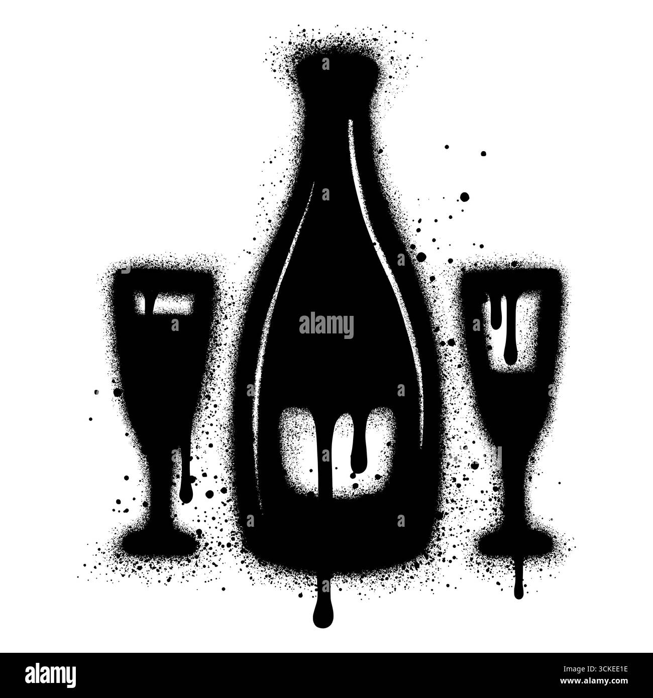 Bottiglia di champagne con un bicchiere in stile graffiti con vernice spray nera. Illustrazione Vettoriale