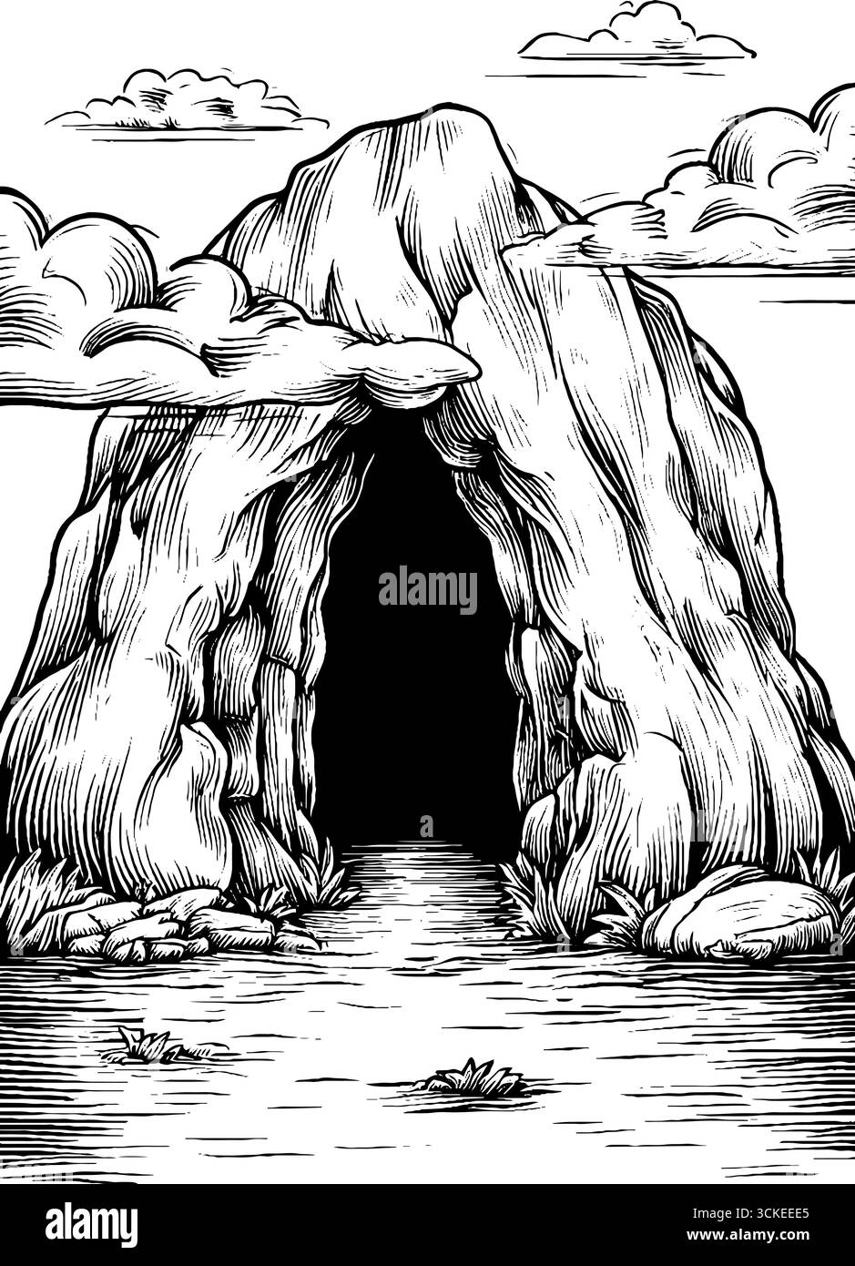 Illustrazione vintage incisa di un ingresso spettacolare nella grotta con nuvole per motivi di design. Illustrazione Vettoriale