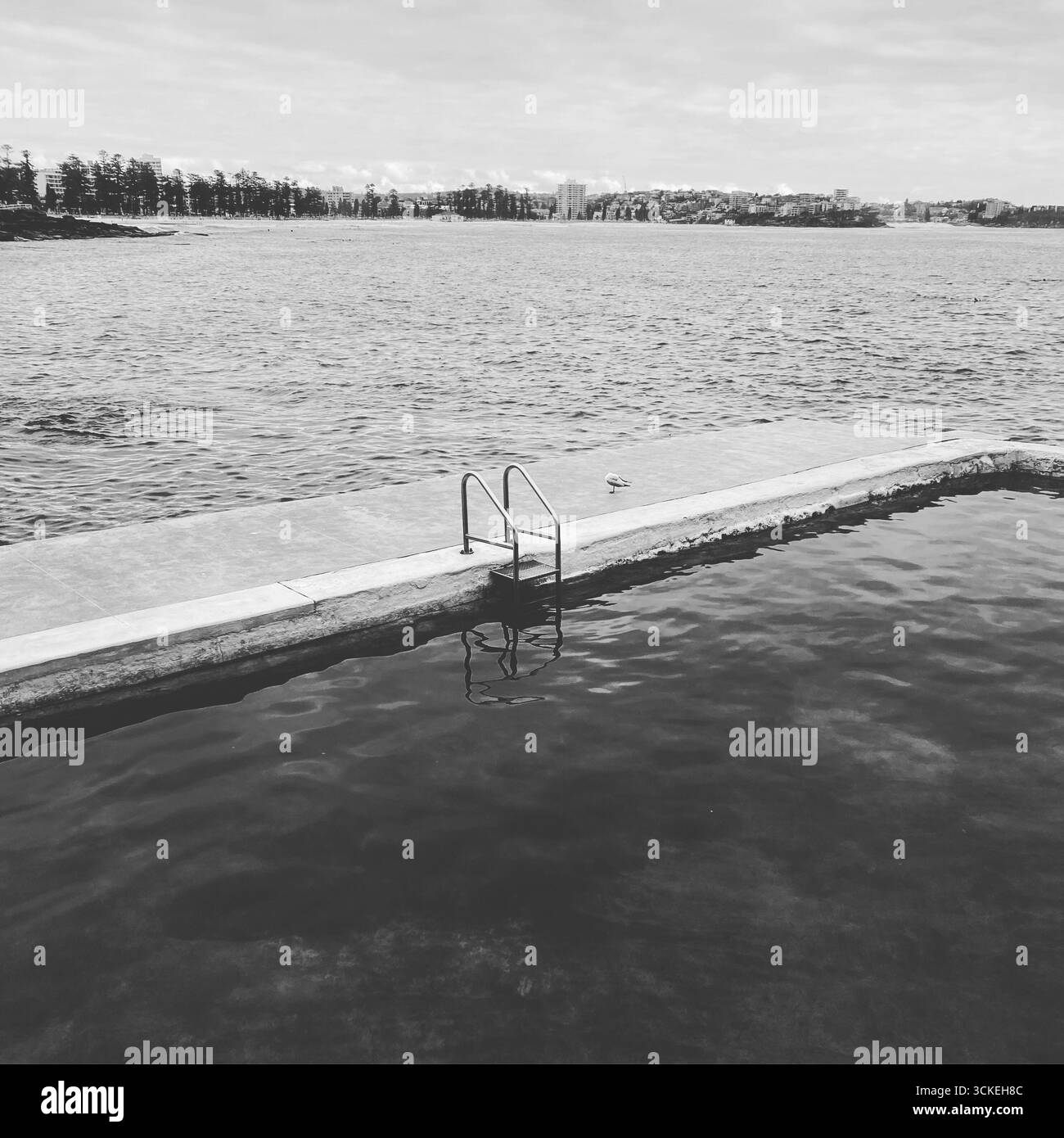 Scenario costiero bianco e nero caratterizzato da una tranquilla piscina oceanica con scala di metallo, che si affaccia sul mare e sulla costa lontana sotto un cielo coperto. SIST Foto Stock