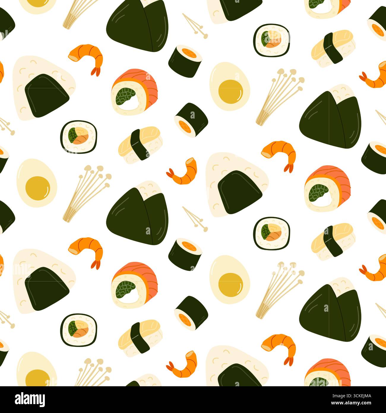 Il motivo vivace e giocoso presenta un assortimento di sushi, gamberi, alghe e uova disposte su uno sfondo bianco pulito, mettendo in risalto l'arte di Ja Illustrazione Vettoriale