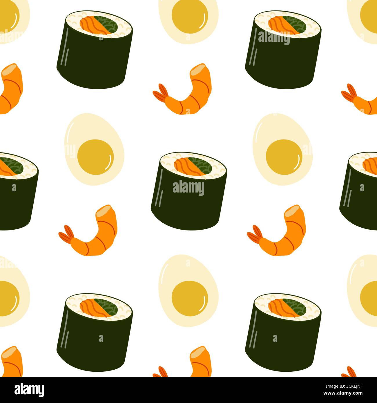 Un design vivace presenta vari sushi roll, gamberi e uova disposti ripetutamente su uno sfondo bianco pulito, perfetto per un progetto a tema culinario Illustrazione Vettoriale