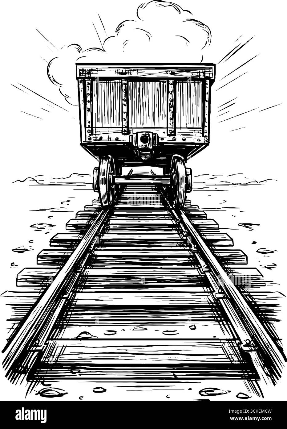 Bozzetto d'incisione su ferrovia a mano d'epoca per design retrò e arte da collezione. Illustrazione Vettoriale