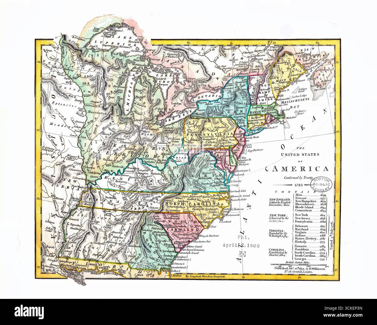 Gli Stati Uniti d'America confermati dal Trattato 1783 - Mappa politica storica del XVIII secolo - Cartografia americana antica Foto Stock