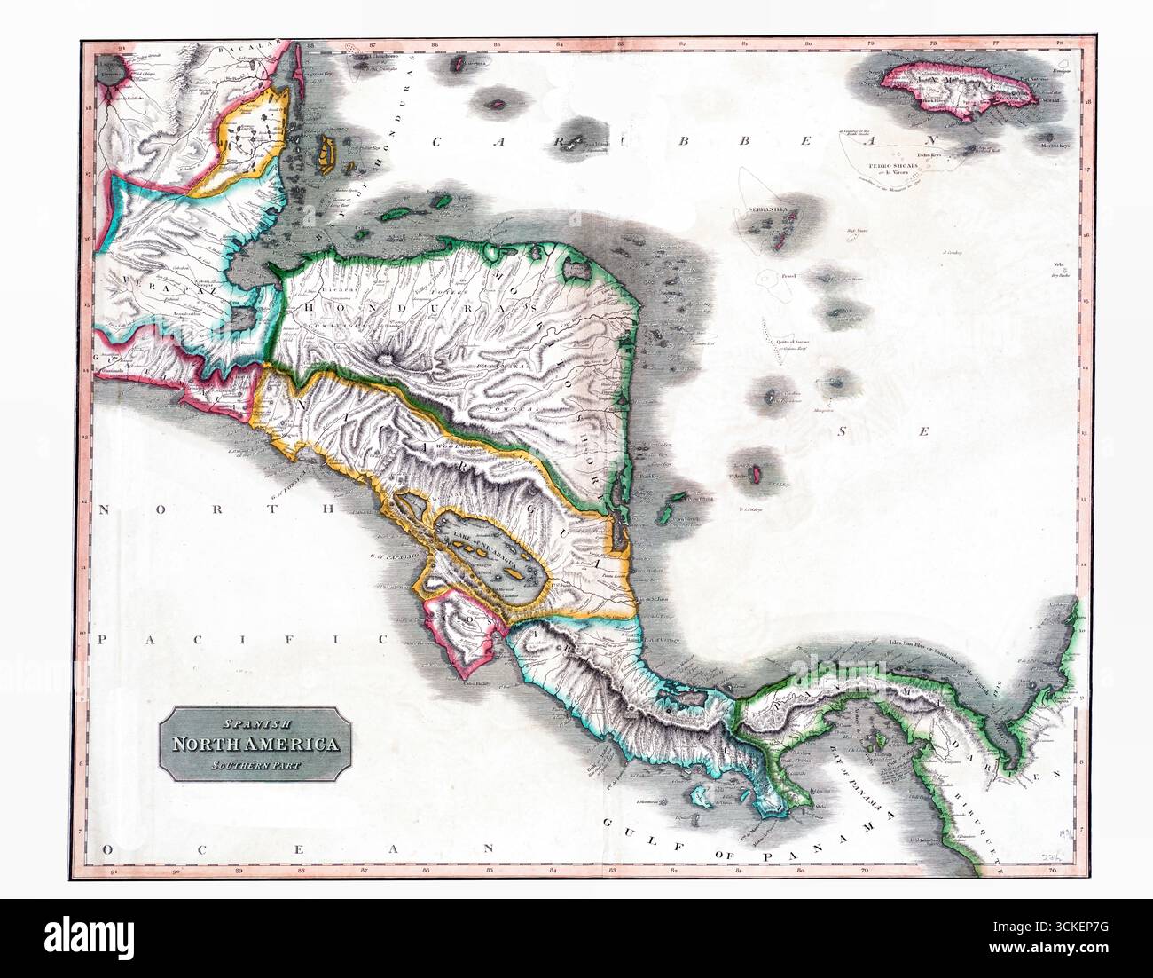 Spagnolo Nord America, parte meridionale - Mappa coloniale del XVIII secolo - carta politica e topografica antica Foto Stock
