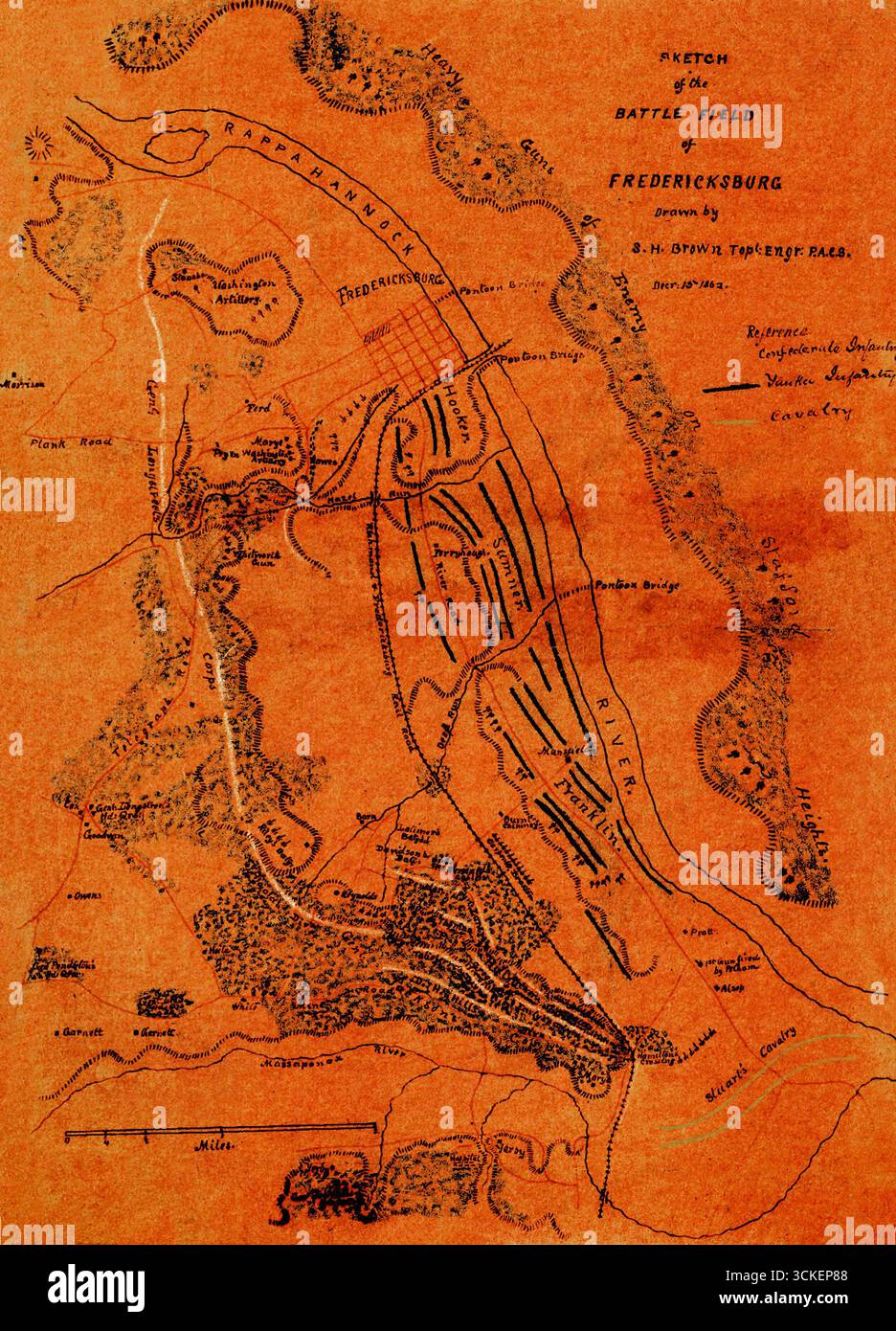 MAP Sketch of the Battlefield of Fredericksburg, 1862 - American Civil War Topographical Map, Virginia - Historic Military Cartography Foto Stock