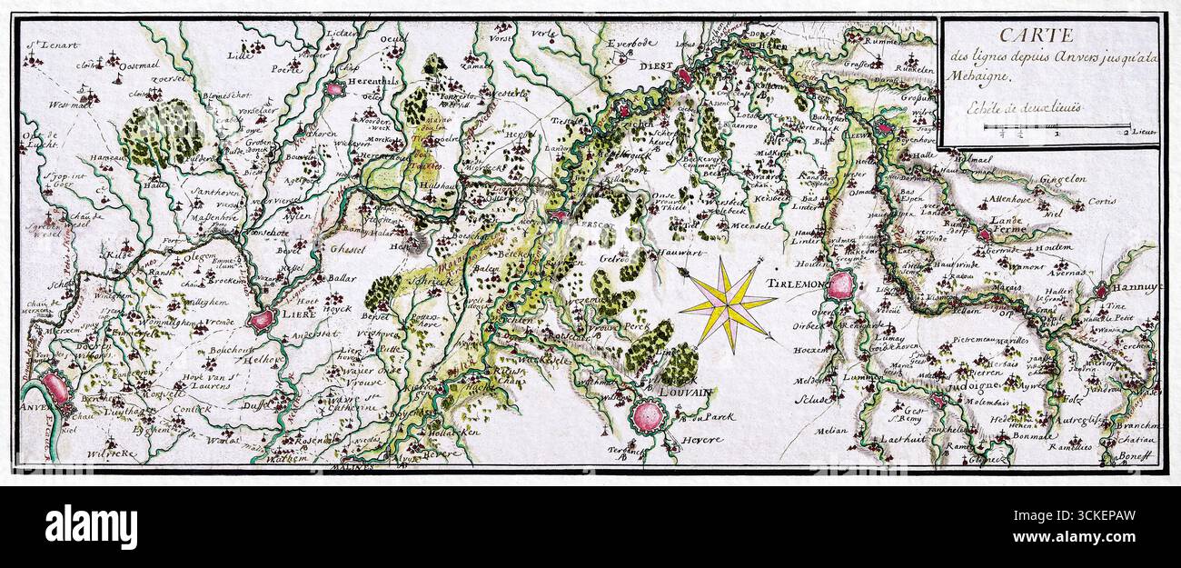 Mappa delle linee francesi in Brabante ca. 1705 - disegno anonimo delle difese francesi in Brabante - Cartografia militare storica Foto Stock