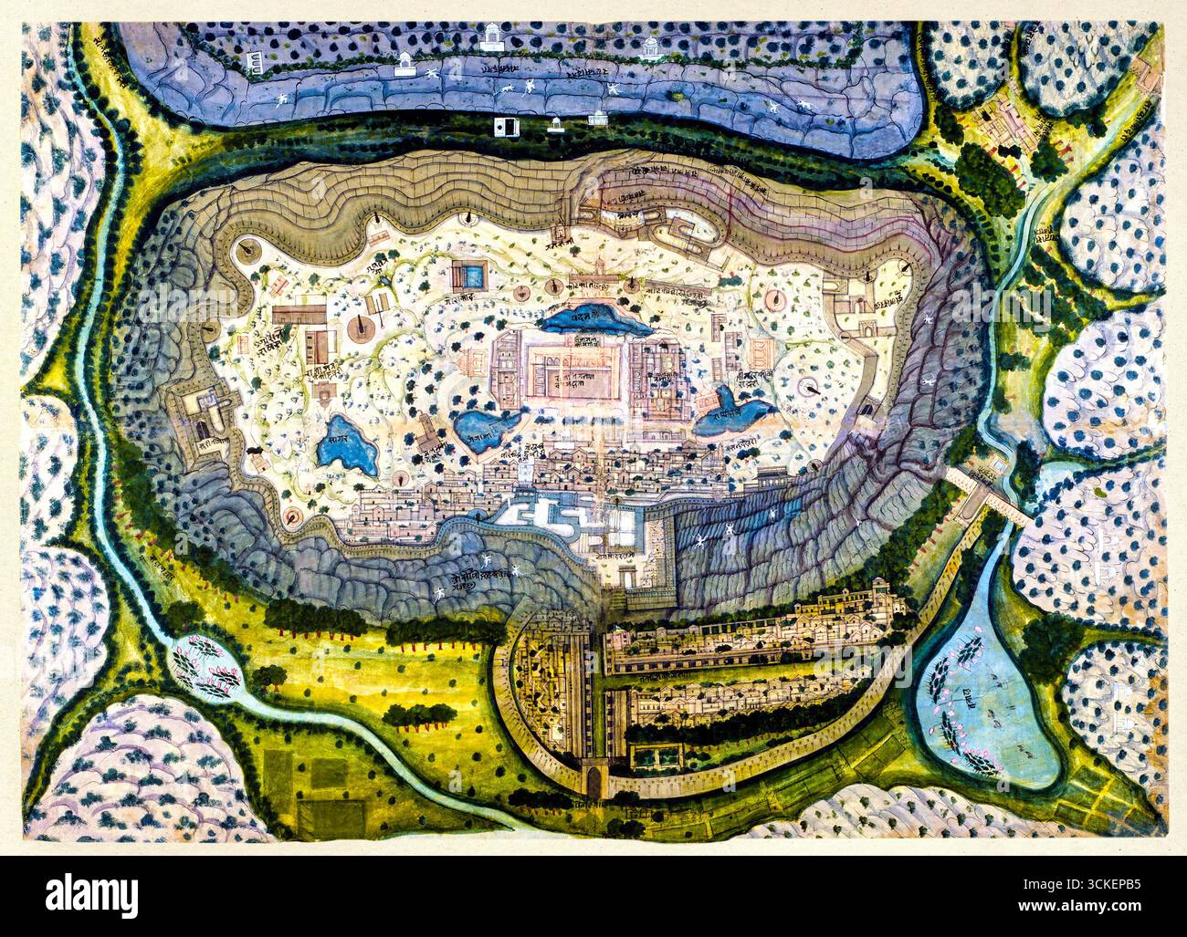 Mappa della città fortificata di Ranthambhor - generazione di Bagta ca. 1810-1818 - Fortificazione indiana antica Foto Stock