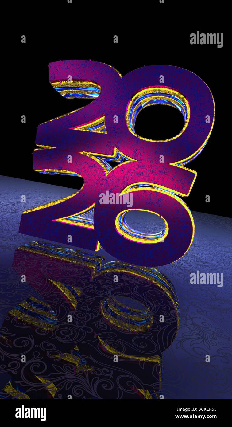 simbolo 3d del nuovo anno 2026 spettacolare. Illustrazione astratta dell'icona di metallo dorato brillante. Foto Stock
