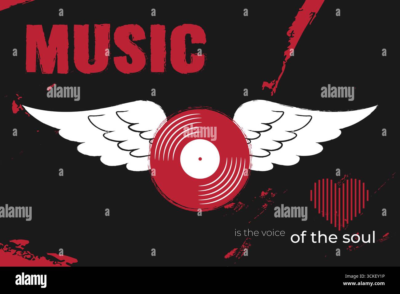 Poster musicale grunge con disco in vinile e ali d'angelo. Citazione ispiratrice la musica è la voce dell'anima. Sottofondo musicale vettoriale Illustrazione Vettoriale