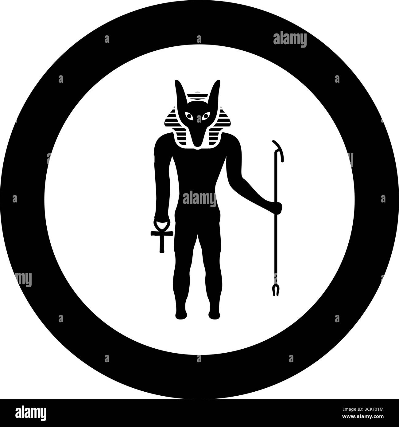 Divinità Anubi con testa di sciacallo, antico dio egizio, regge il bastone e un'icona mitica con silhouette a croce in un vettoriale rotondo di colore nero Illustrazione Vettoriale