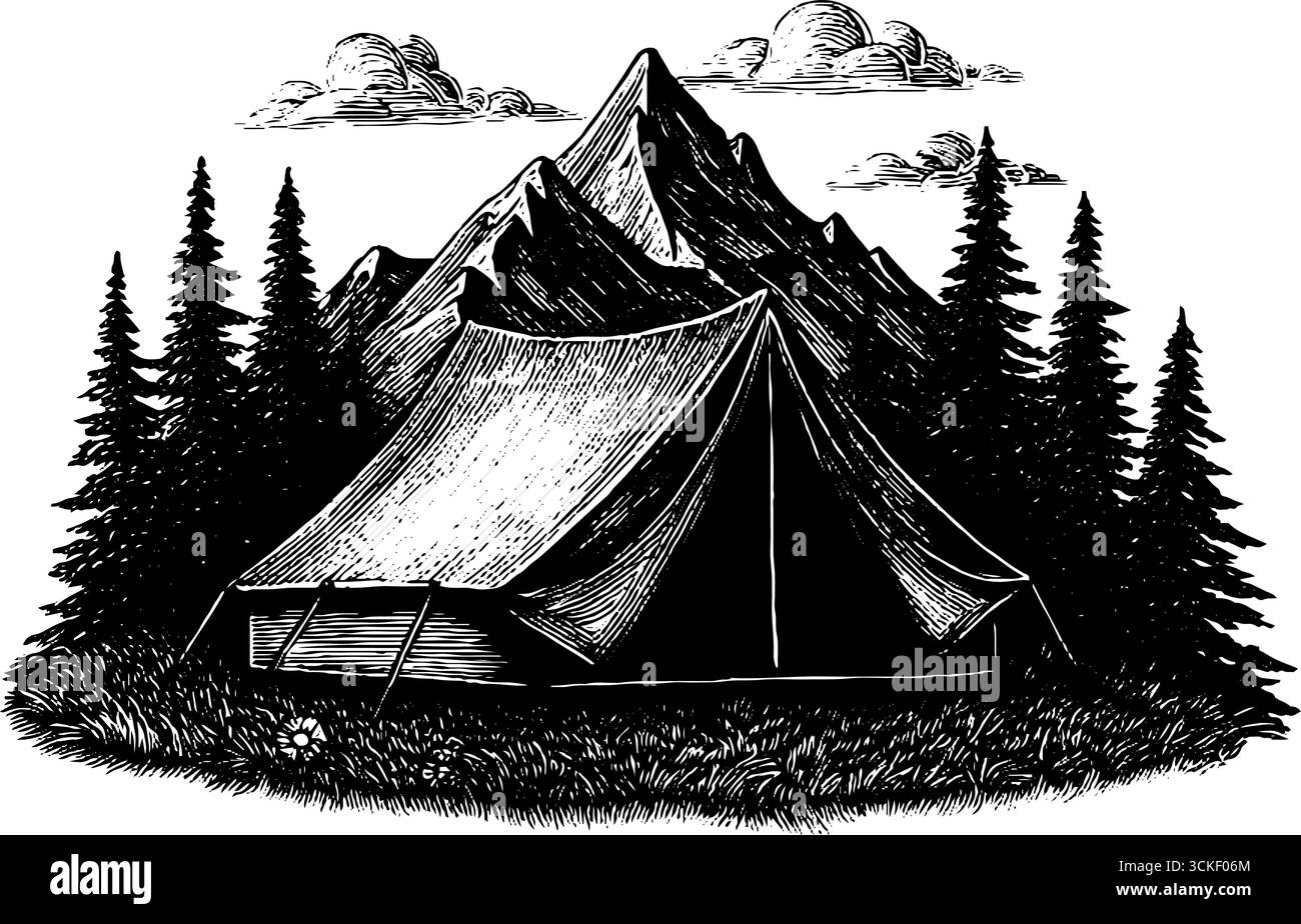 Illustrazione incisa del campeggio in tenda nel paesaggio montano per un tema di avventura all'aperto. Illustrazione Vettoriale