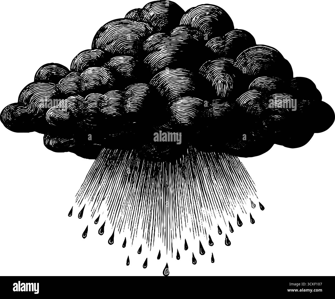 Illustrazione vintage incisa di nuvole di tempesta con pioggia per progetti di design retrò. Illustrazione Vettoriale
