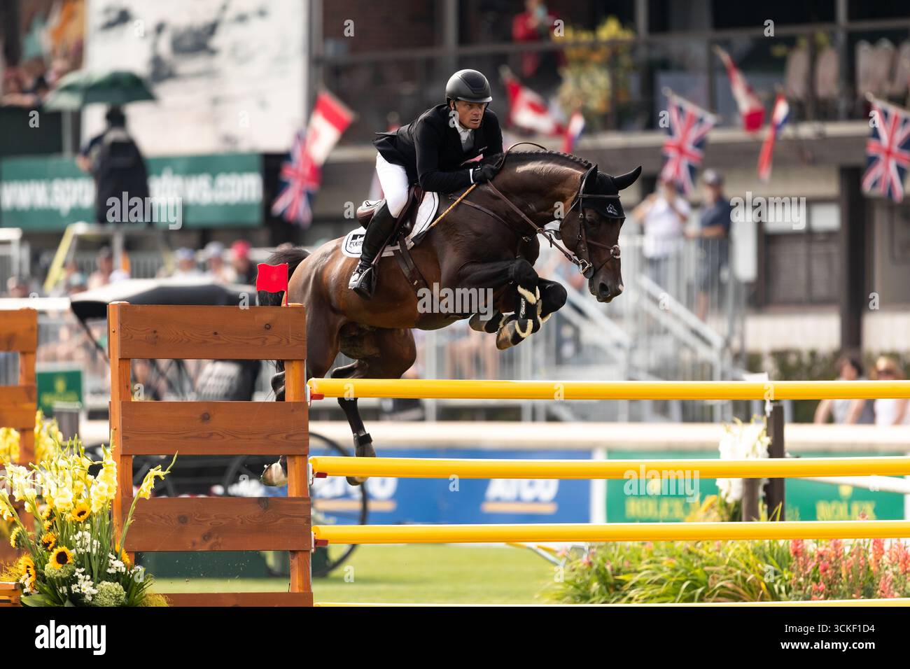 Willem Greve dei Paesi Bassi, in sella al Grandorado TN N.O.P. gareggia nel CPKC Grand Prix durante lo Spruce Meadows Masters a Calgary, Alberta, CA Foto Stock