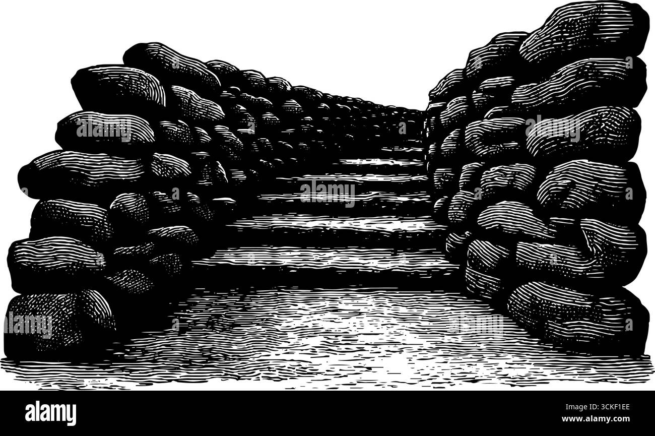 Illustrazione incisa di un percorso in pietra - design vintage disegnato a mano per poster ed etichette. Illustrazione Vettoriale