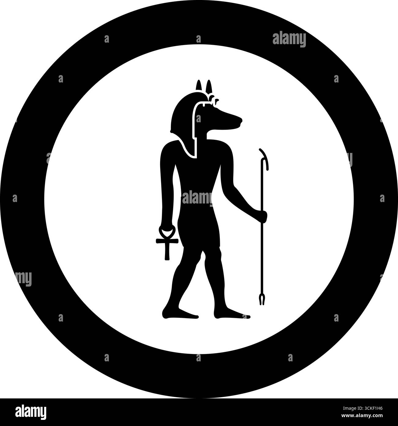Divinità Anubi con testa di sciacallo, antico dio egizio, regge il bastone e un'icona mitica con silhouette a croce in un vettoriale rotondo di colore nero Illustrazione Vettoriale